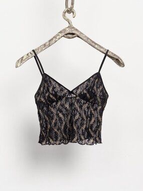BLACK LACE CAMISOLE Stretch Vintage Spaghetti Straps Mini Sheer Gold Metallic
